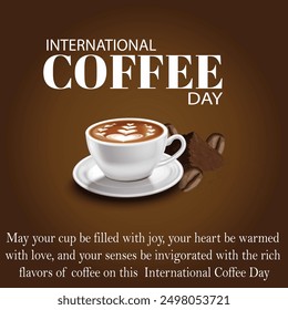 International coffee day with Coffee mug and powder of beans also a beans with  brown gradient background also with texture 