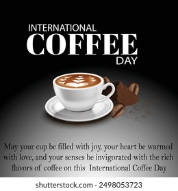 International coffee day with Coffee mug and powder of beans also a beans with 3d black and white gradient color background