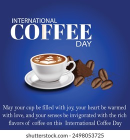 International coffee day with Coffee mug and powder of beans also a beans with blue color gradient backgrounds