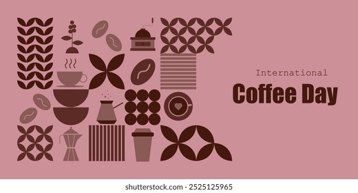 Dia Internacional do Café. 1 de outubro. Padrão geométrico com elementos de café, grãos, moedor de café, caneca de café. Ilustração vetorial