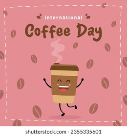 International Coffee Day on October 1. Cute cartoon cup of hot coffee. Flat vector illustration.