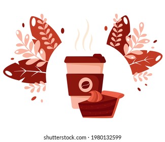 International coffee day. Paper cup of coffee with chocolate cake. Hot drink. Vector illustration