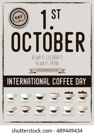 International coffee day Poster with barista cups, 1 st October lettering, the design postcards, restaurant menus