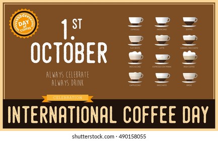 International coffee day Poster with barista cups, 1 st October lettering, the design postcards, restaurant menus