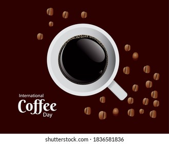 international coffee day poster with coffee cup and grains air view vector illustration design