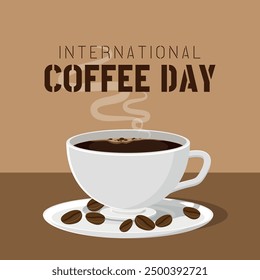 International Coffee Day Poster with a cup of coffee and coffee beans scattered on the saucer