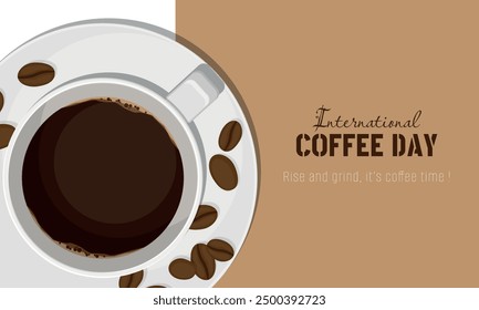 International Coffee Day Poster with a cup of coffee and coffee beans scattered on the saucer