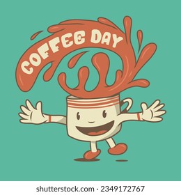 International Coffee Day. Retro greeting card. Coffee cup character. Hand drawn coffee cartoon mug in boots and sports armband.