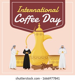International coffee day social media post mockup. Motivational phrase. Web banner design template. Coffeehouse booster, content layout with inscription. Poster, print ads and flat illustration