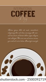 International Coffee Day Template with a cup of coffee and coffee beans scattered on the saucer