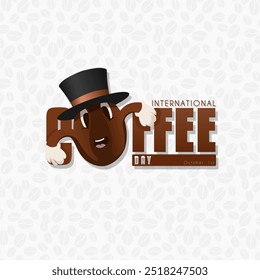 International Coffee Day. typographic design with illustration of coffee beans wearing a hat
