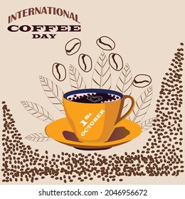 International Coffee Day vector. Coffee colour mug , brown background. coffee vector. Coffee Day Poster, October 1. Vector illustration of happy International 