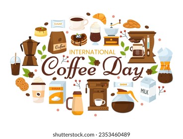 International Coffee Day Vector Illustration on 1st October with Scented Drink and Brown Background in Flat Cartoon Hand Drawn Templates