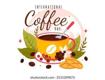 International Coffee Day Vector Illustration on 1st October, Featuring Aromatic Coffee and Relaxing Drink with a Brown Background in a Cute Cartoon