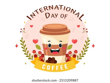 International Coffee Day Vector Illustration on 1st October, Featuring Aromatic Coffee and Relaxing Drink with a Brown Background in a Cute Cartoon