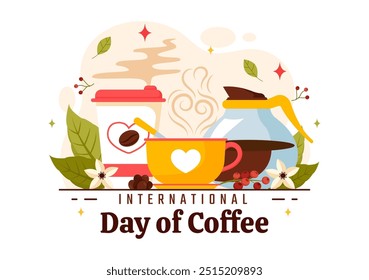 International Coffee Day Vector Illustration on 1st October, Featuring Aromatic Coffee and Relaxing Drink with a Brown Background in a Cute Cartoon