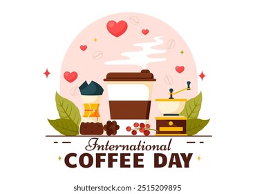 International Coffee Day Vector Illustration on 1st October, Featuring Aromatic Coffee and Relaxing Drink with a Brown Background in a Cute Cartoon