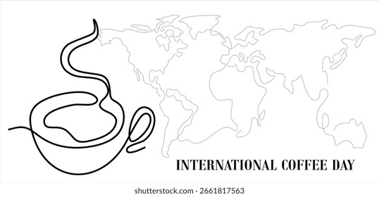 Mapa mundial del Día Internacional del Café con la Copa del Café. Dibujo de línea continua de icono de línea de arte. Trazo editable. 