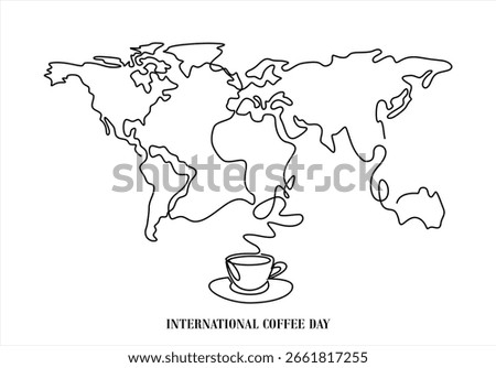 International Coffee Day World Map with Coffee Cup. Art. line icon-continuous line drawing. Editable stroke. 