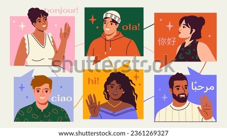 International communication concept. People from different countries of world and cities chatting or talking online in global social networks, media and Internet apps. Cartoon flat vector illustration