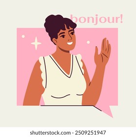 Conceito de comunicação internacional. Mulher com palavra francesa bonjour. Videoconferência em redes sociais. Conversando com amigos online. Ilustração de vetor plano isolada no plano de fundo bege