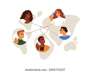 Comunicación internacional, red global, concepto de amistad. Paz, amor en la sociedad mundial, comunidad. Red de conexiones, contactos. Ilustración vectorial gráfica plana aislada en fondo blanco