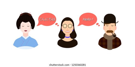 International communication translation concept illustration. tourists or businessmen or politicians from Japan and England communicate through a girl geisha maiko translator