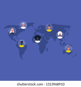 International community. Networking. Globalisation. Diversity. World map. Portraits of male and female characters. Flat editable vector illustration, clip art