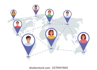 International community people from different countries, marked on global map with GPS tags. International group students studying together at online university and receiving online education