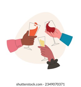 Compañía internacional de amigos animando con bebidas alcohólicas, celebrando las vacaciones. Manos con diferentes gafas. Ilustración vectorial de estilo plano aislada en fondo blanco