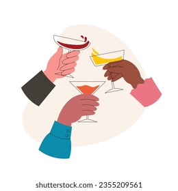 International company of friends cheering with alcohol drinks, celebrating holiday. Hands holding different glasses. Flat style vector illustration isolated on white background