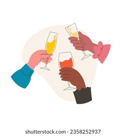 International company of friends cheering with alcohol drinks, celebrating holiday. Hands holding different glasses. Flat style vector illustration isolated on white background