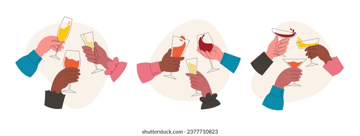 International company of friends cheering with glasses of wine, celebrating holiday. Hands holding wineglasses. Flat style vector illustration isolated on white background