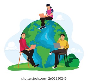 International company or global business. Business people sitting around globe working with online computer. Flat vector illustration.