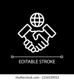 International company pixel perfect white linear icon for dark theme. Managing operations abroad. Thin line illustration. Isolated symbol for night mode. Editable stroke. Arial font used
