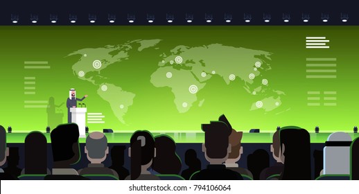 International Conference Meeting Concept Arab Business Man Or Politician Leading Presentation From Tribune Over World Map Arabian Speaker Training With Big Audience Flat Vector Illustration