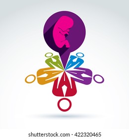 International conference on pregnancy and abortion. Vector illustration of group of people chat, conversation on baby protection idea. Speech bubble with a baby embryo sign.