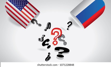 International conflict crisis concept.Two cups with printed flags of USA and Russia placed opposite one another and many signs of questions.Vector illustration.