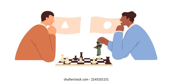 International conflict. Manipulation, influence, strategy in politics concept. Politicians enemies playing chess. Political opponents fighting. Flat vector illustration isolated on white background.
