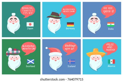 International congratulations with New Year from authentic Santa Clauses in foreign languages festive posters cartoon vector illustrations set.