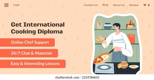 International cooking diploma after finishing courses online, chef support and chat, materials and easy lessons for students. Website landing page template, online internet page. Vector in flat style