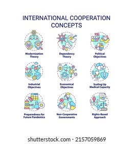 International cooperation concept icons set. Global integration for development idea thin line color illustrations. Isolated symbols. Editable stroke. Roboto-Medium, Myriad Pro-Bold fonts used