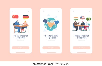 International Cooperation Mobile App Page Onboard Screen Template. Delegates Characters Solving World Issues, Negotiation, Diplomacy, Meeting at Round Table Concept. Cartoon People Vector Illustration