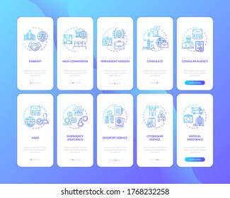 International cooperation onboarding mobile app page screen set with concepts. Legal document walkthrough 5 steps graphic instructions. UI vector template with RGB color illustrations