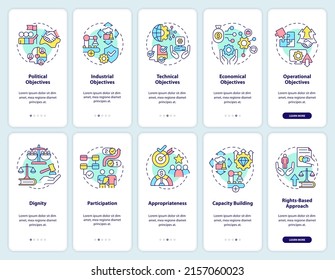 International cooperation onboarding mobile app screen set. Development walkthrough 5 steps graphic instructions pages with linear concepts. UI, UX, GUI template. Myriad Pro-Bold, Regular fonts used