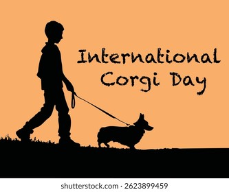 International Corgi Day template, Teen Walking Dog corgi ,jumping, Silhouette