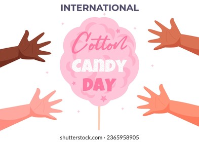 International cotton candy day vector illustration. Candy floss cartoon illustration with children's hands on white background