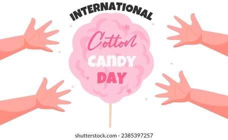 Ilustración vectorial del día internacional del algodón con caramelo. Ilustración de caricatura de Candy floss con las manos de los niños sobre fondo blanco.