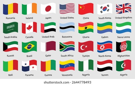 International country flags icon set. Flat vector icon set featuring 28 waving national flags including USA, UK, China, India, Brazil, and more. Collection of world country flags in waving style.