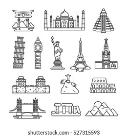 International country landmark vector line icons.